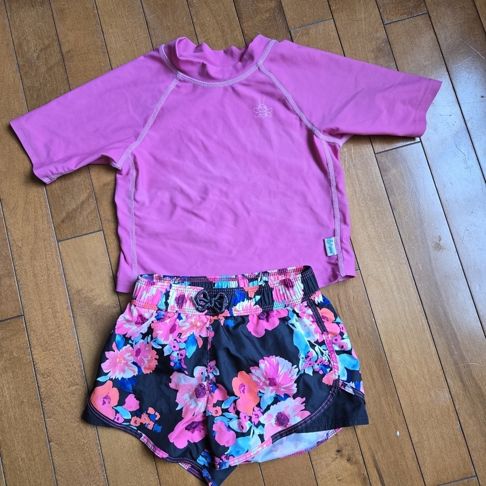 3T Toddler Girl Swim Set Rashguard & Board Shorts VGUC Pink Floral